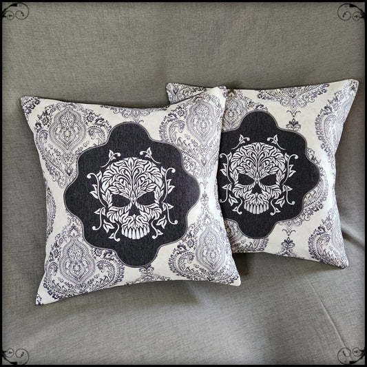 Damask Skull Pillow Set in charcoal & cream