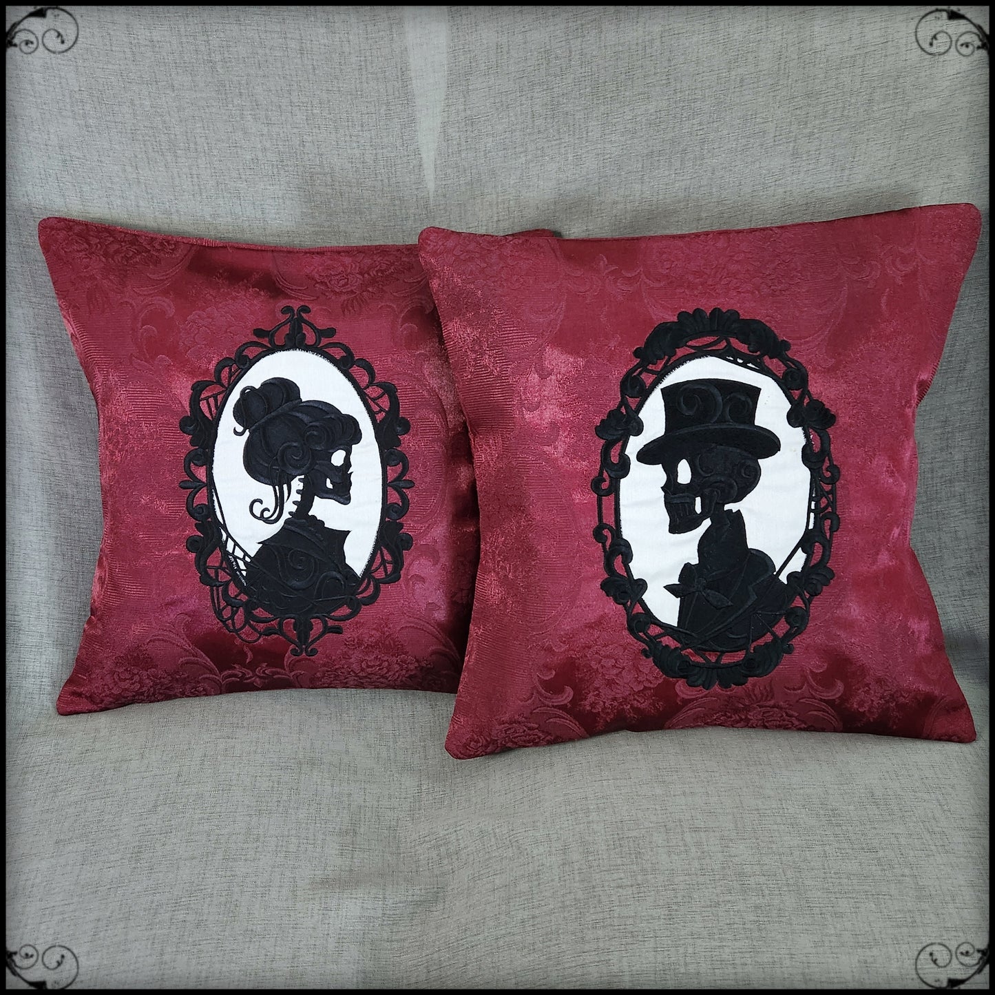 Cameo Couple Pillow Set in burgundy, black & cream