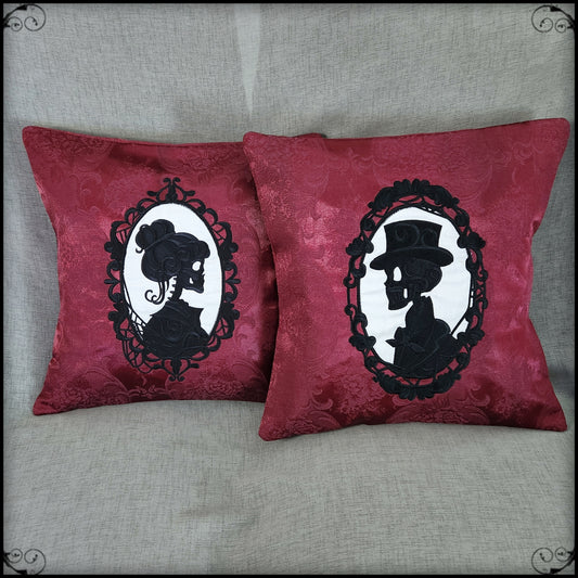 Cameo Couple Pillow Set in burgundy, black & cream